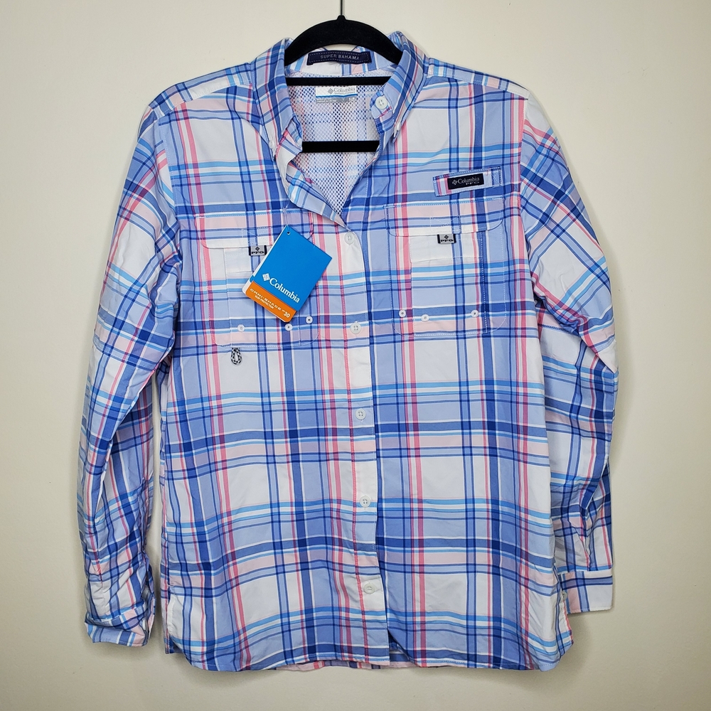 Columbia Women's Super Bahama Plaid Shirt Blue and Pink Size Small